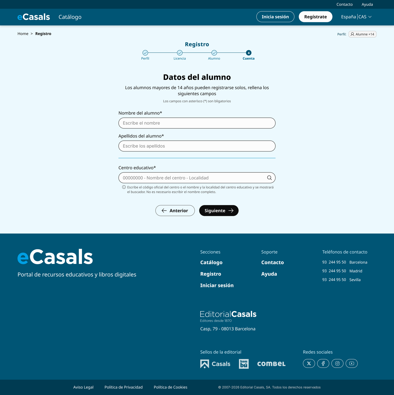 Formulario de registro de eCasals con los datos del alumno